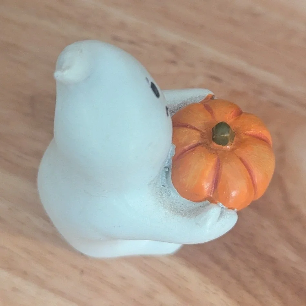 VTG Halloween Ghost Figurine w/ Pumpkin Small Spooky Seasonal Decor White Orange